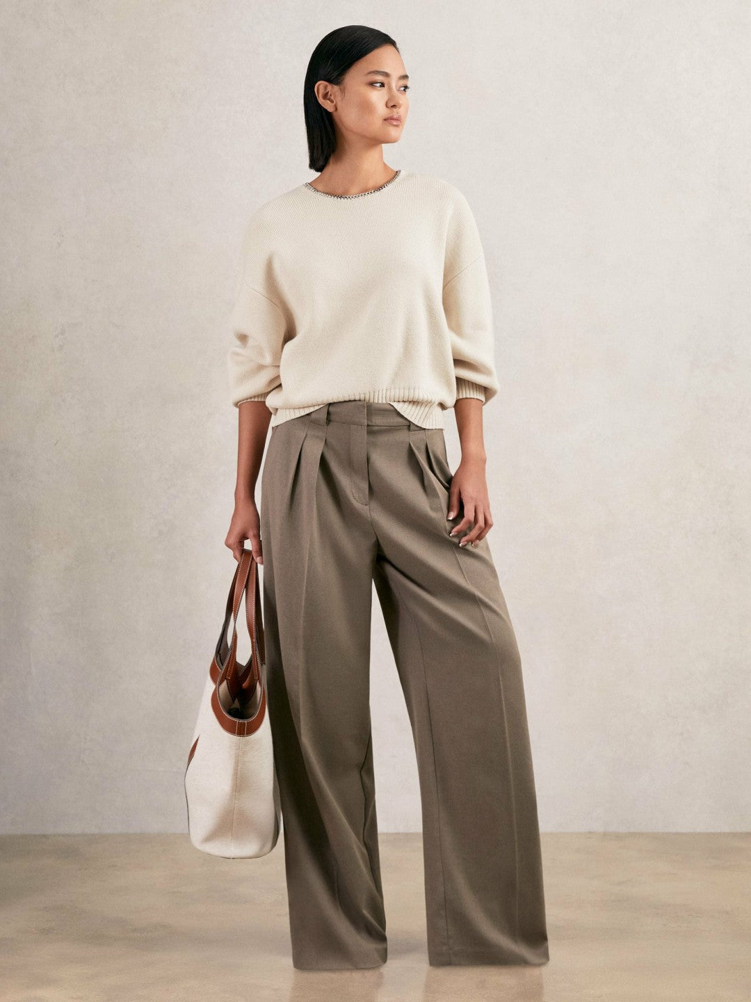 Reiss | Wool-Blend Necklace-Trim Jumper with Cashmere in Cream