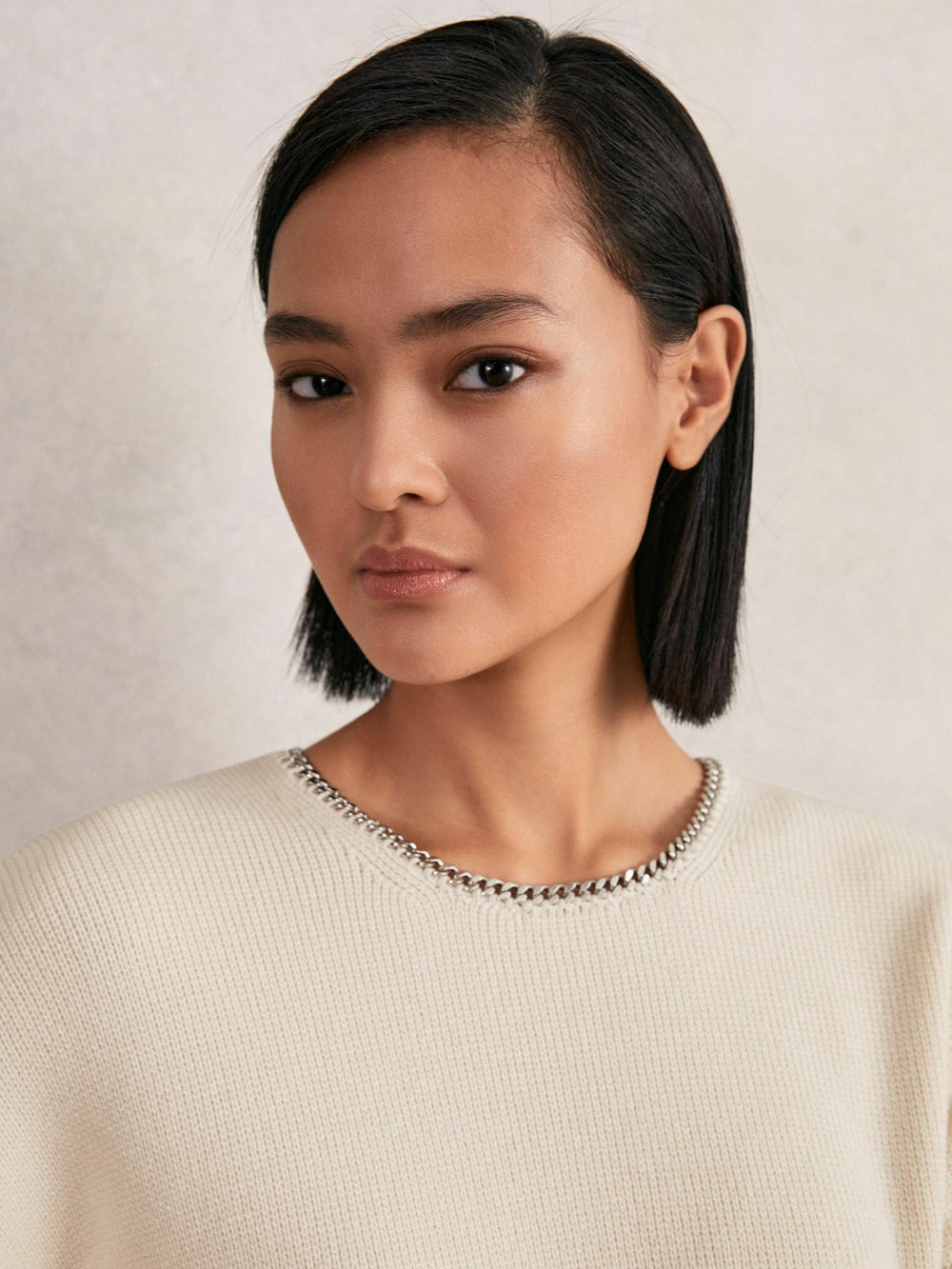 Reiss | Wool-Blend Necklace-Trim Jumper with Cashmere in Cream