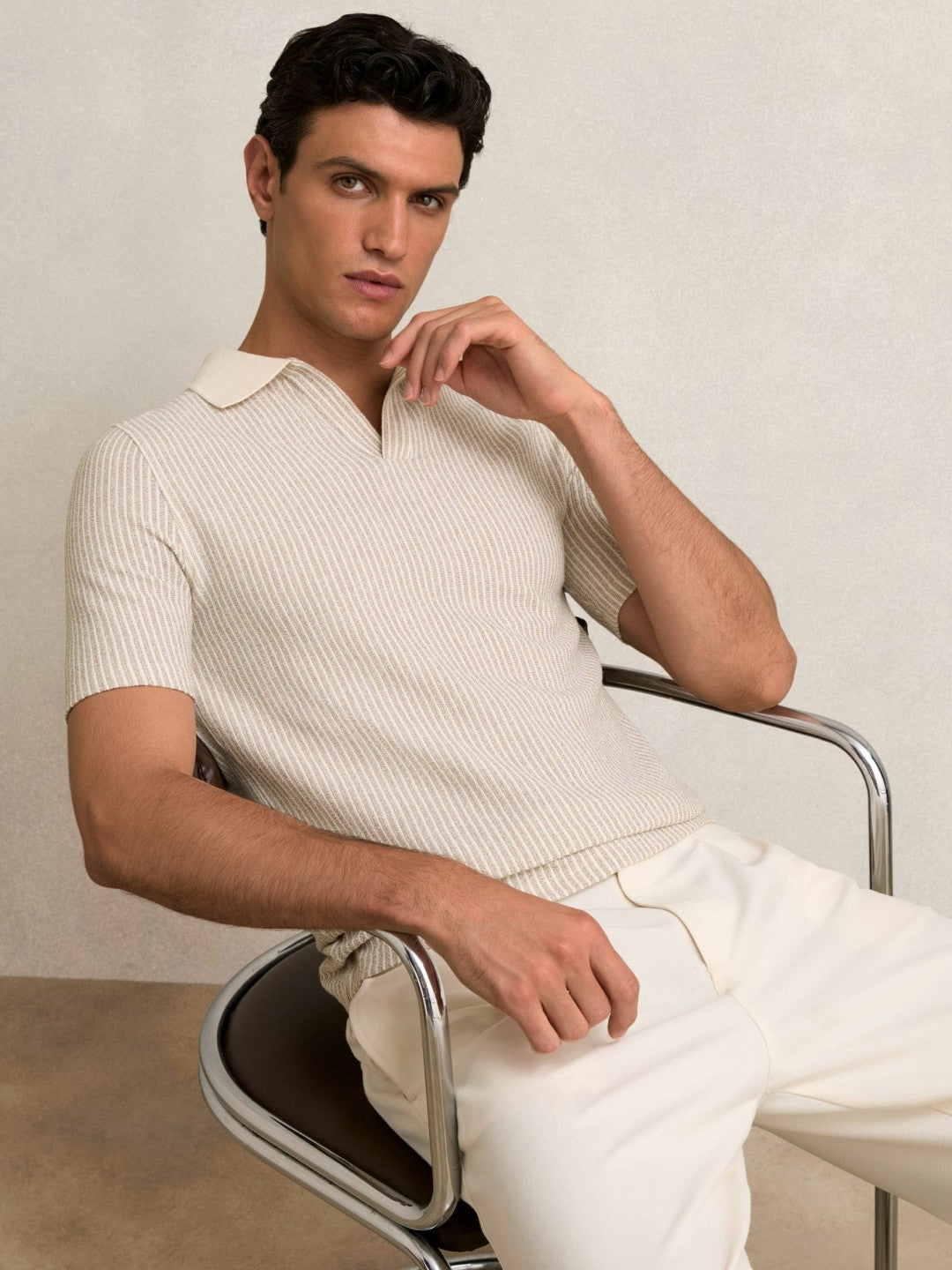 Reiss | Cotton-Blend Stripe Polo Shirt in Ecru/Taupe Brown