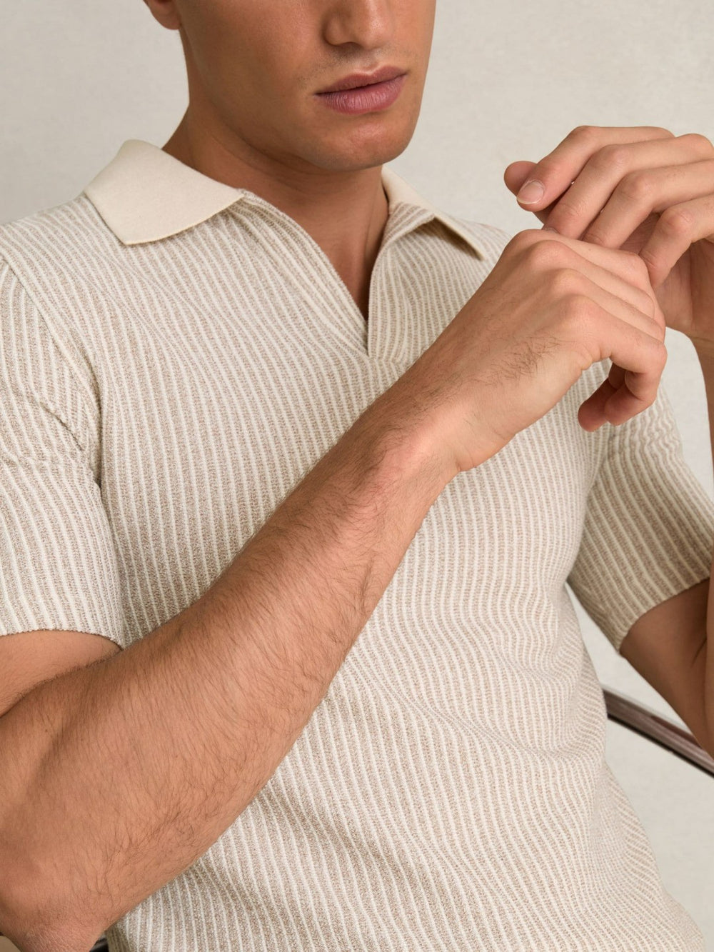 Reiss | Cotton-Blend Stripe Polo Shirt in Ecru/Taupe Brown