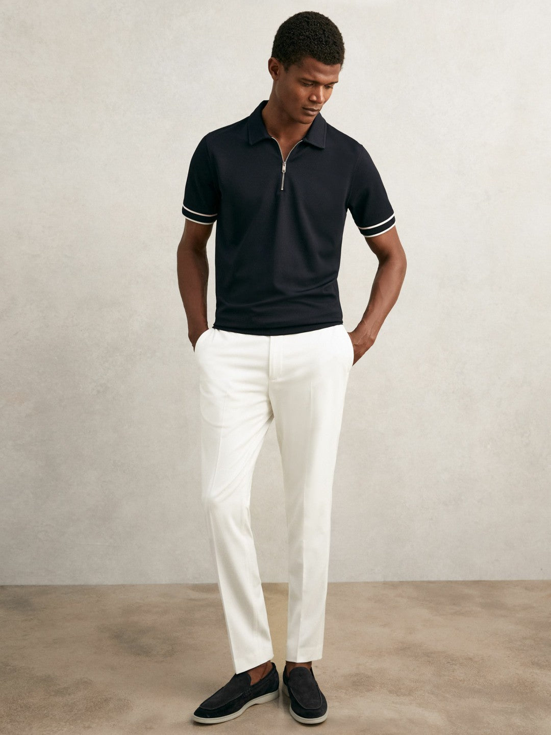 Reiss | Textured Half-Zip Tipped Polo Shirt in Navy