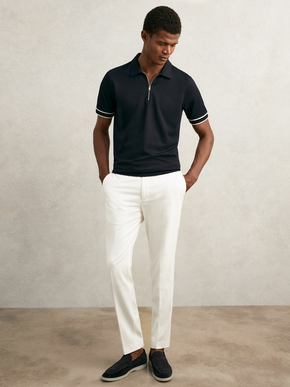 Reiss | Textured Half-Zip Tipped Polo Shirt in Navy