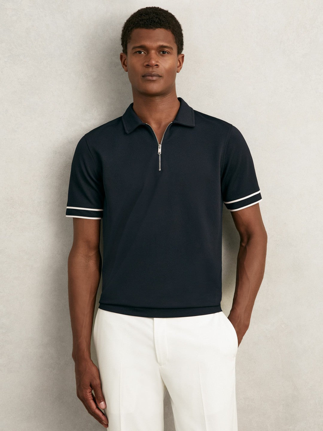 Reiss | Textured Half-Zip Tipped Polo Shirt in Navy