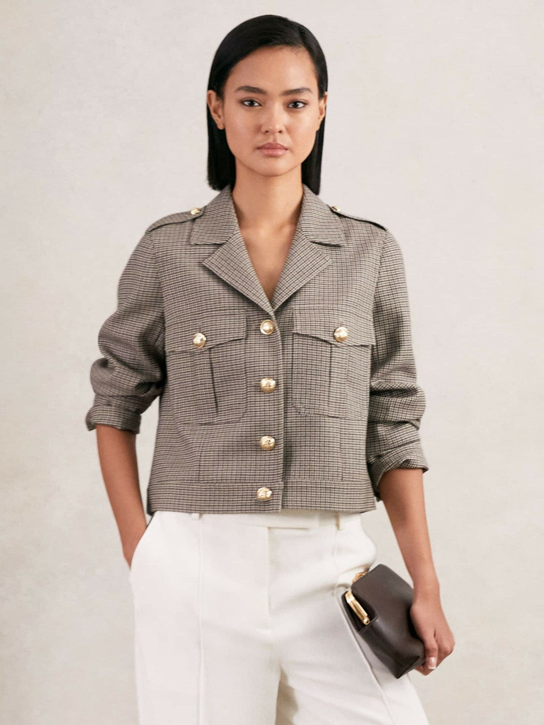 Reiss | Wool Twin-Pocket Cropped Jacket in Neutral Check