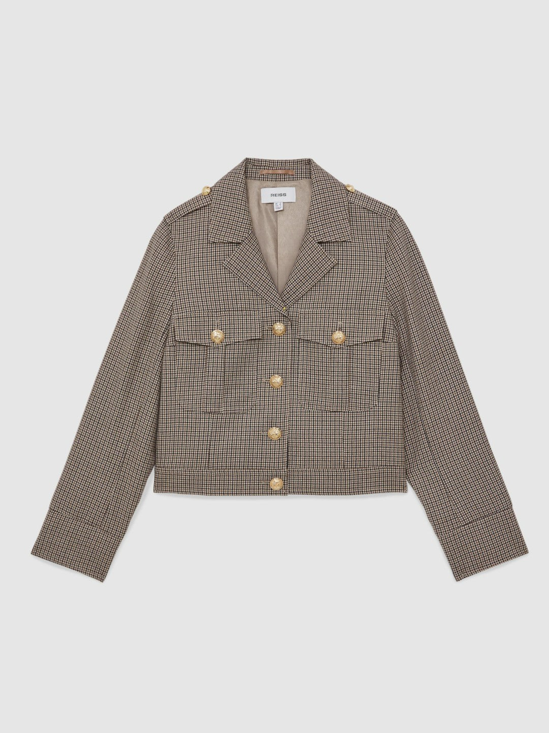 Reiss | Wool Twin-Pocket Cropped Jacket in Neutral Check