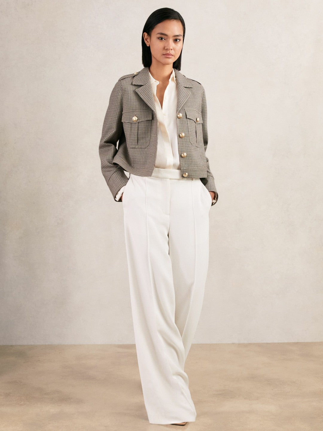 Reiss | Wool Twin-Pocket Cropped Jacket in Neutral Check
