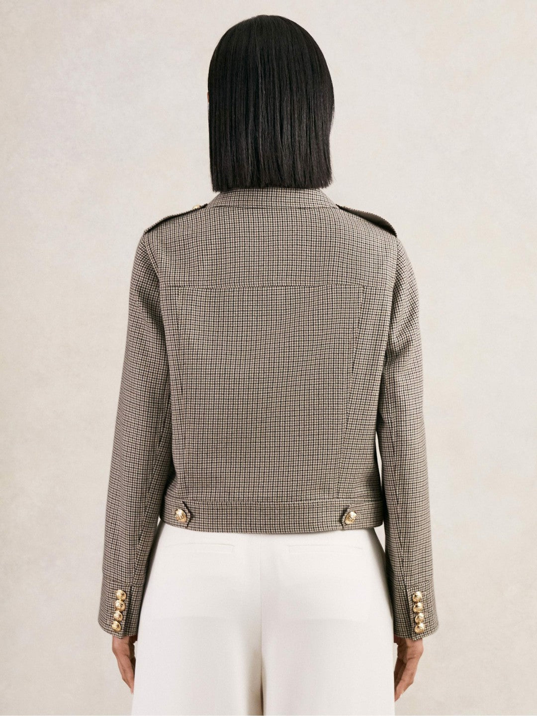Reiss | Wool Twin-Pocket Cropped Jacket in Neutral Check