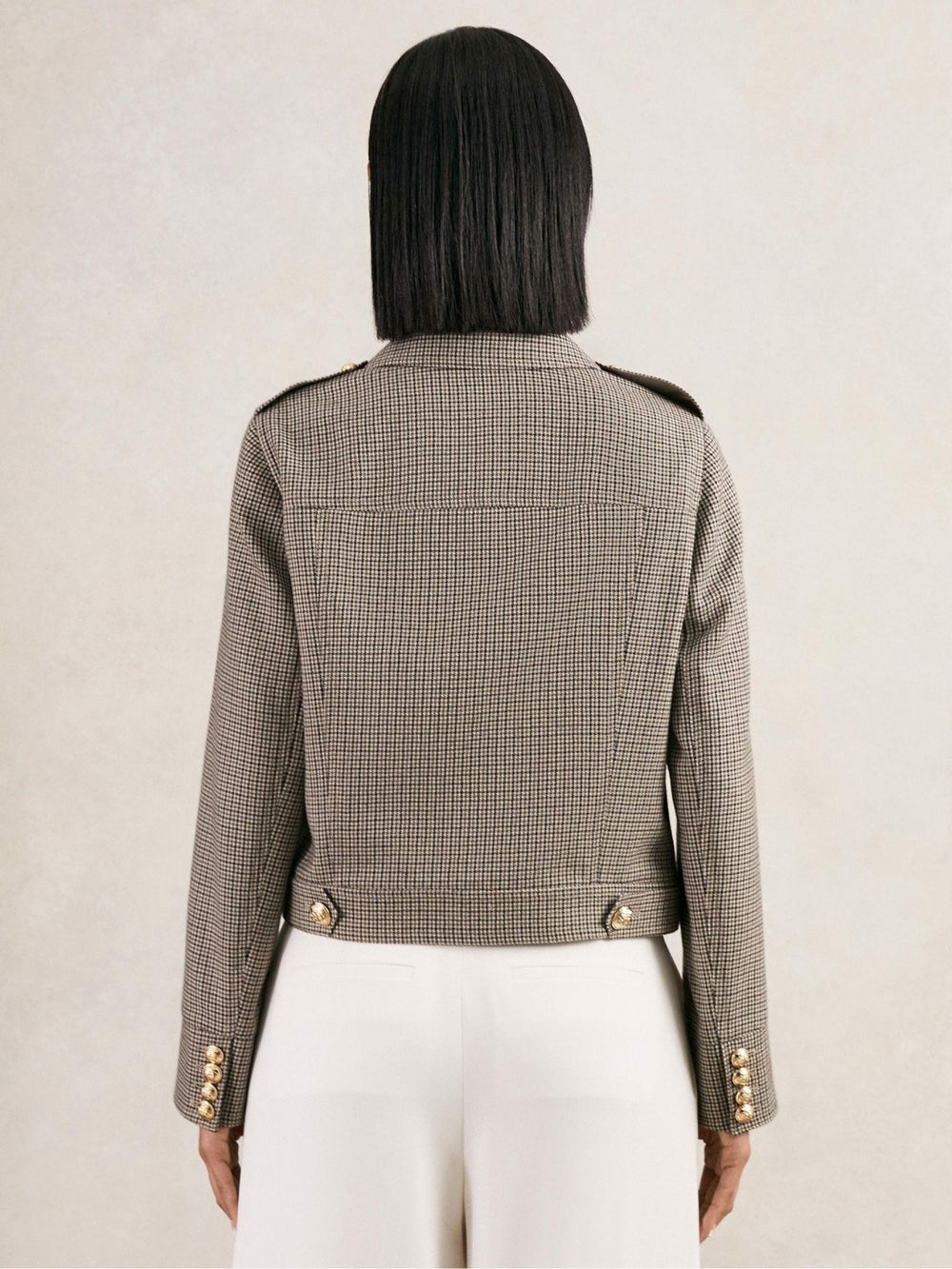Reiss | Wool Twin-Pocket Cropped Jacket in Neutral Check