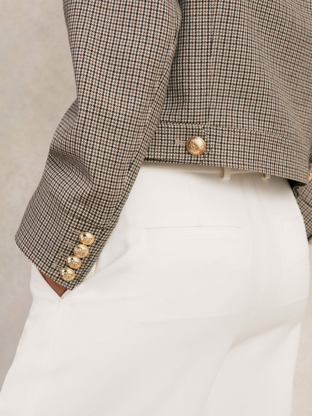 Reiss | Wool Twin-Pocket Cropped Jacket in Neutral Check