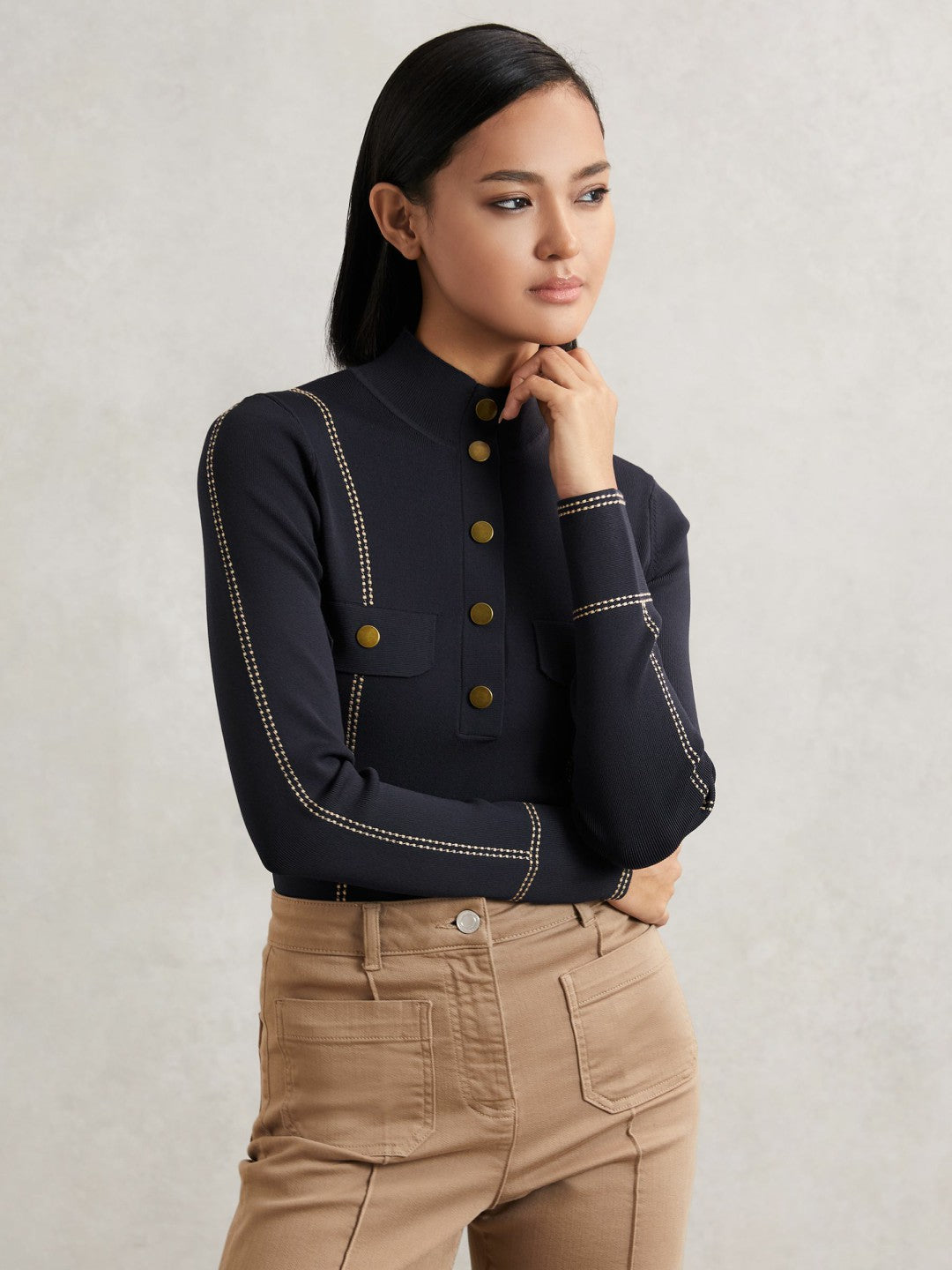 Reiss | Contrast-Stitch Knit Top in Navy