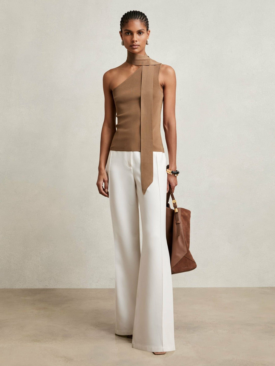 Reiss | One Shoulder Scarf Top in Taupe Neutral