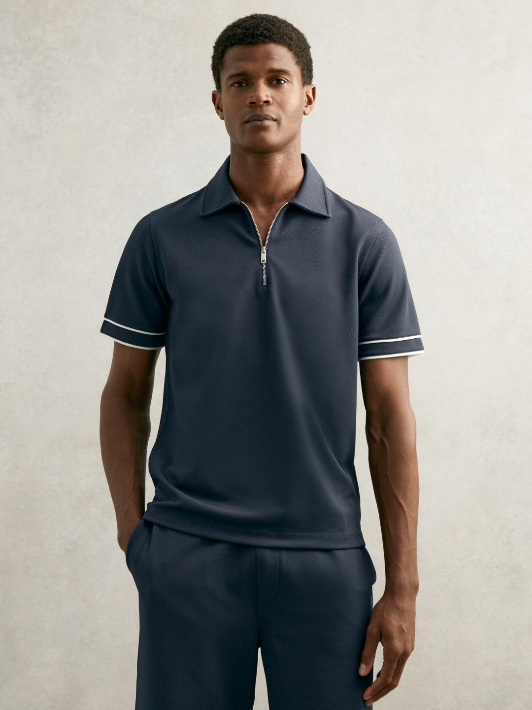 Reiss | Textured Half-Zip Tipped Polo Shirt in Airforce Blue