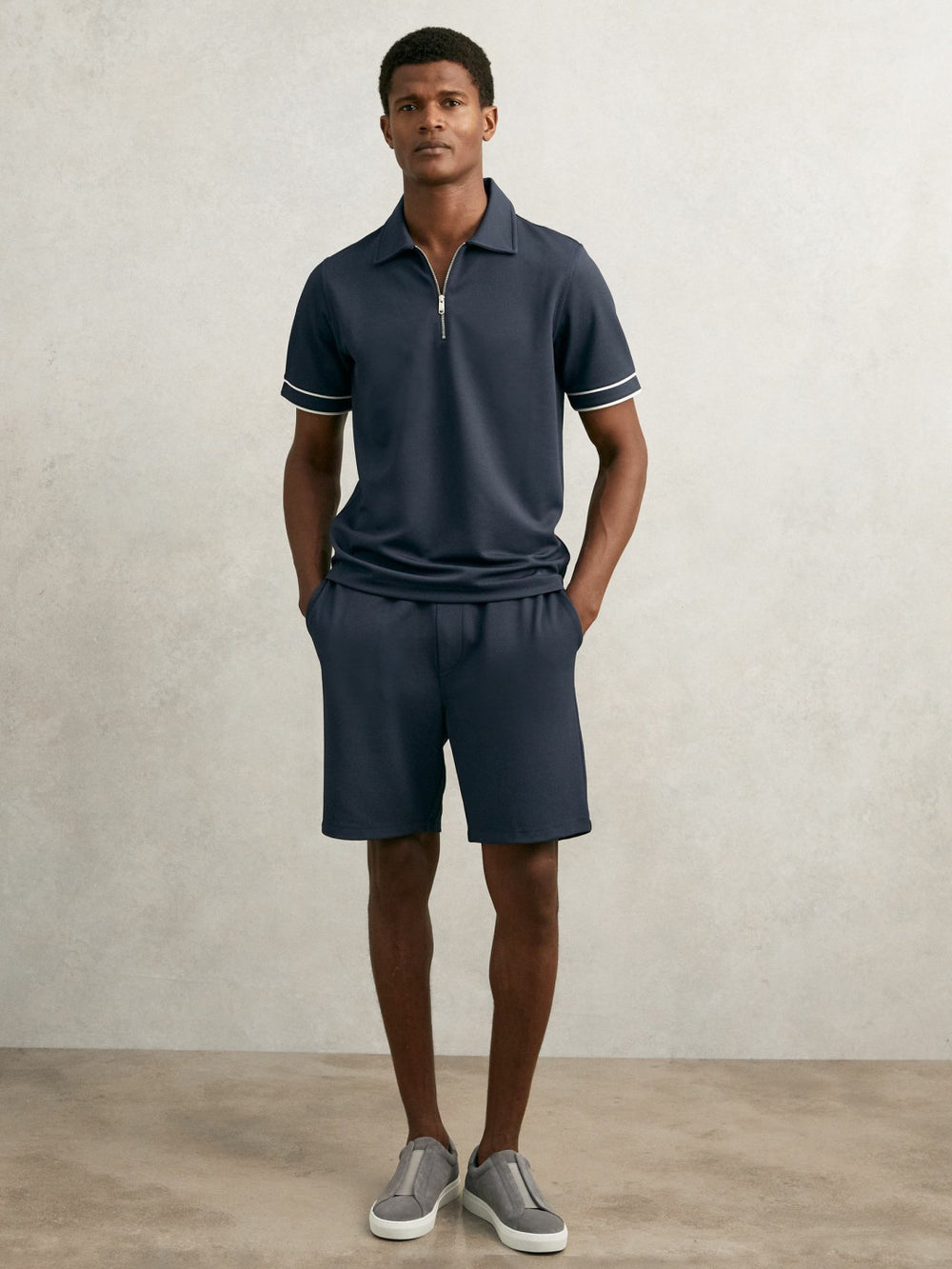 Reiss | Textured Half-Zip Tipped Polo Shirt in Airforce Blue