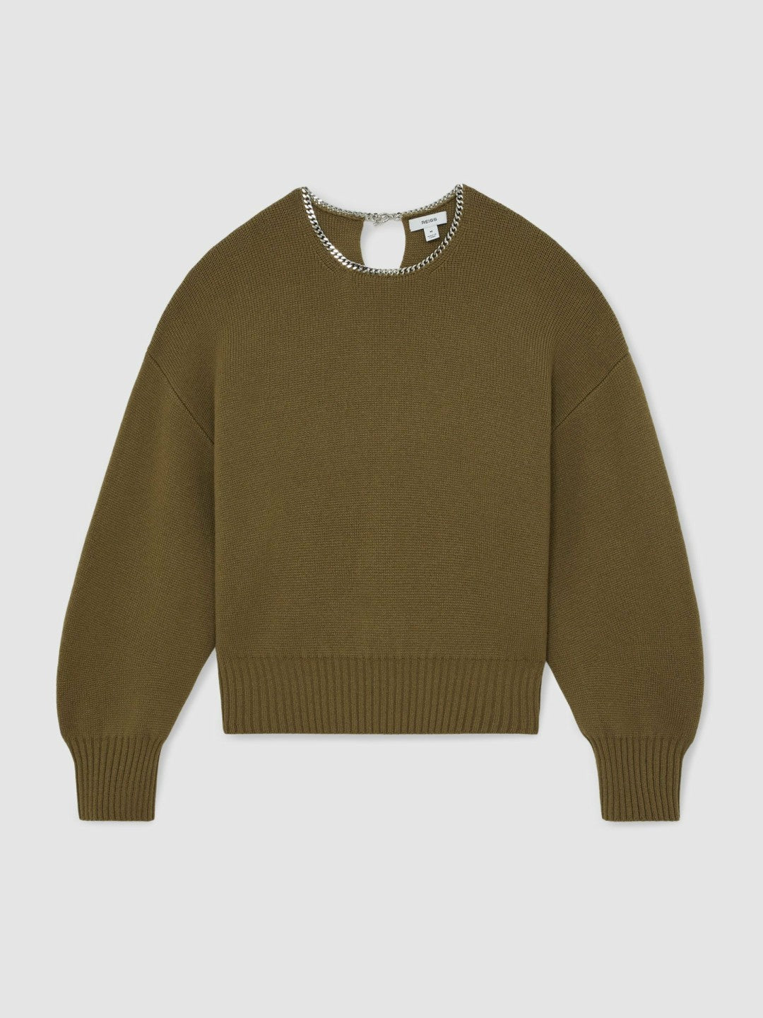 Reiss | Wool-Blend Necklace-Trim Jumper with Cashmere in Sage Green