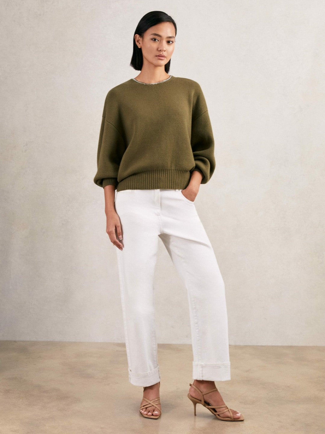 Reiss | Wool-Blend Necklace-Trim Jumper with Cashmere in Sage Green