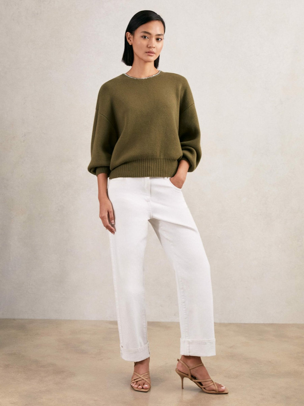Reiss | Wool-Blend Necklace-Trim Jumper with Cashmere in Sage Green