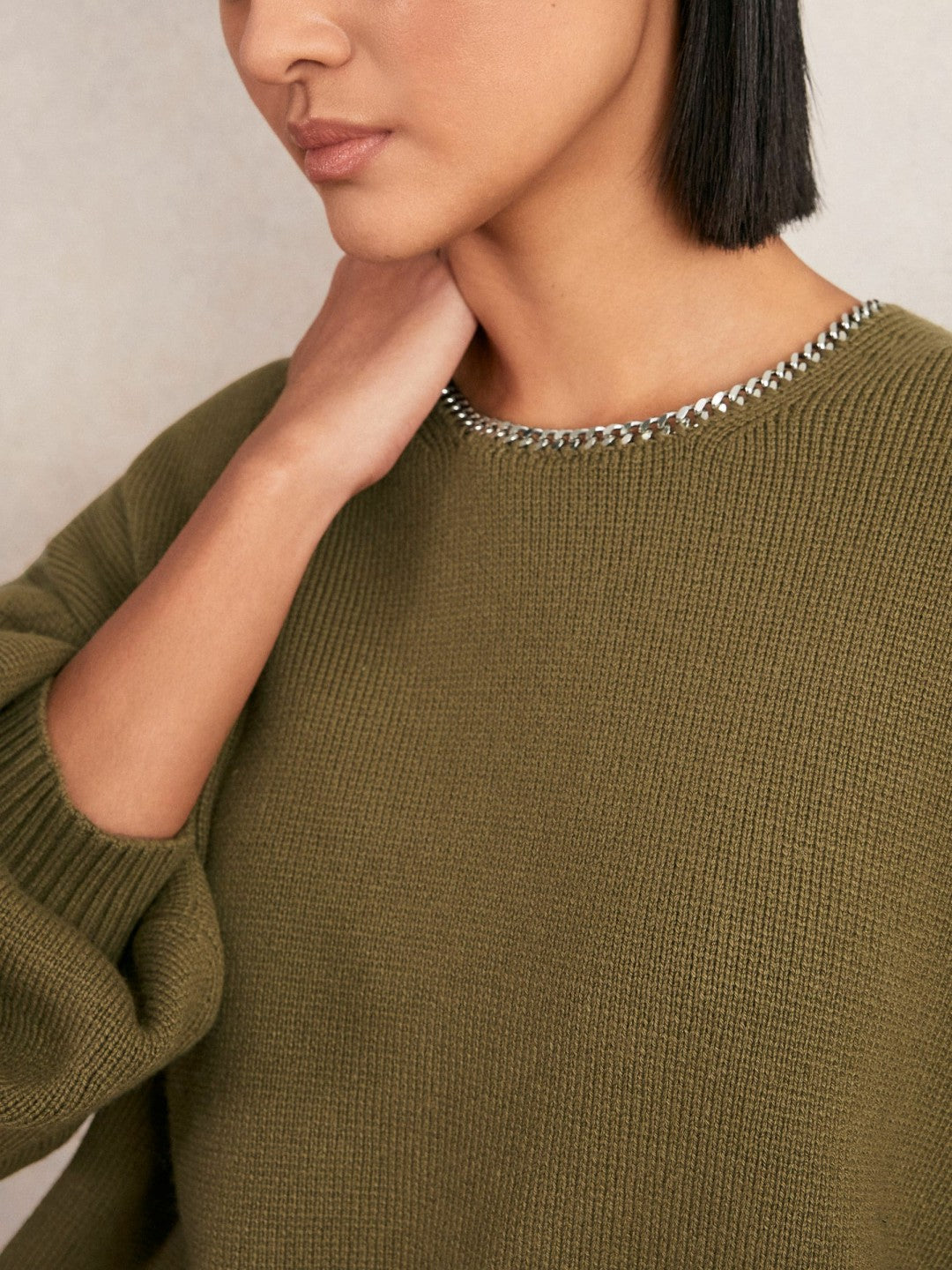 Reiss | Wool-Blend Necklace-Trim Jumper with Cashmere in Sage Green