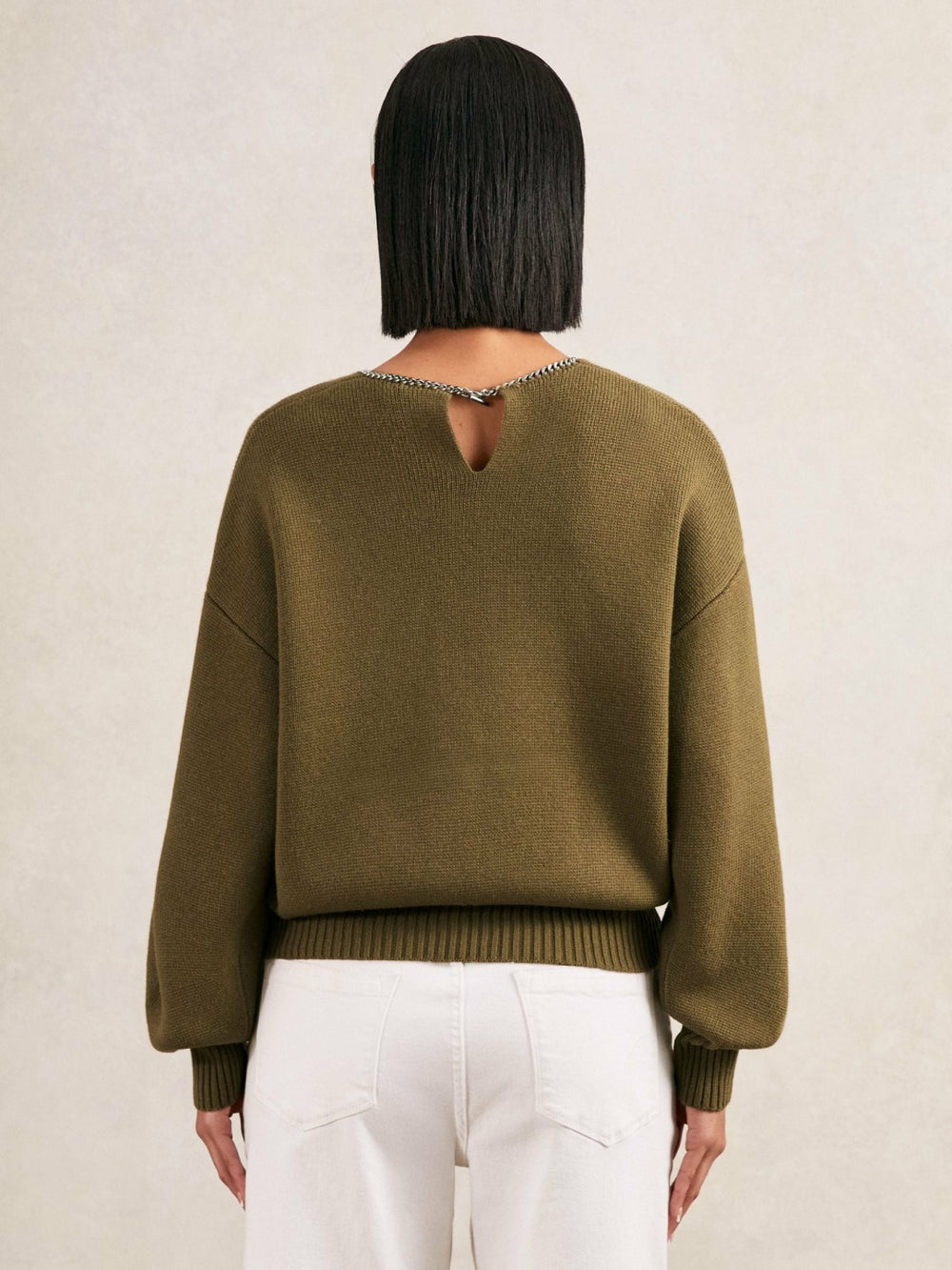 Reiss | Wool-Blend Necklace-Trim Jumper with Cashmere in Sage Green