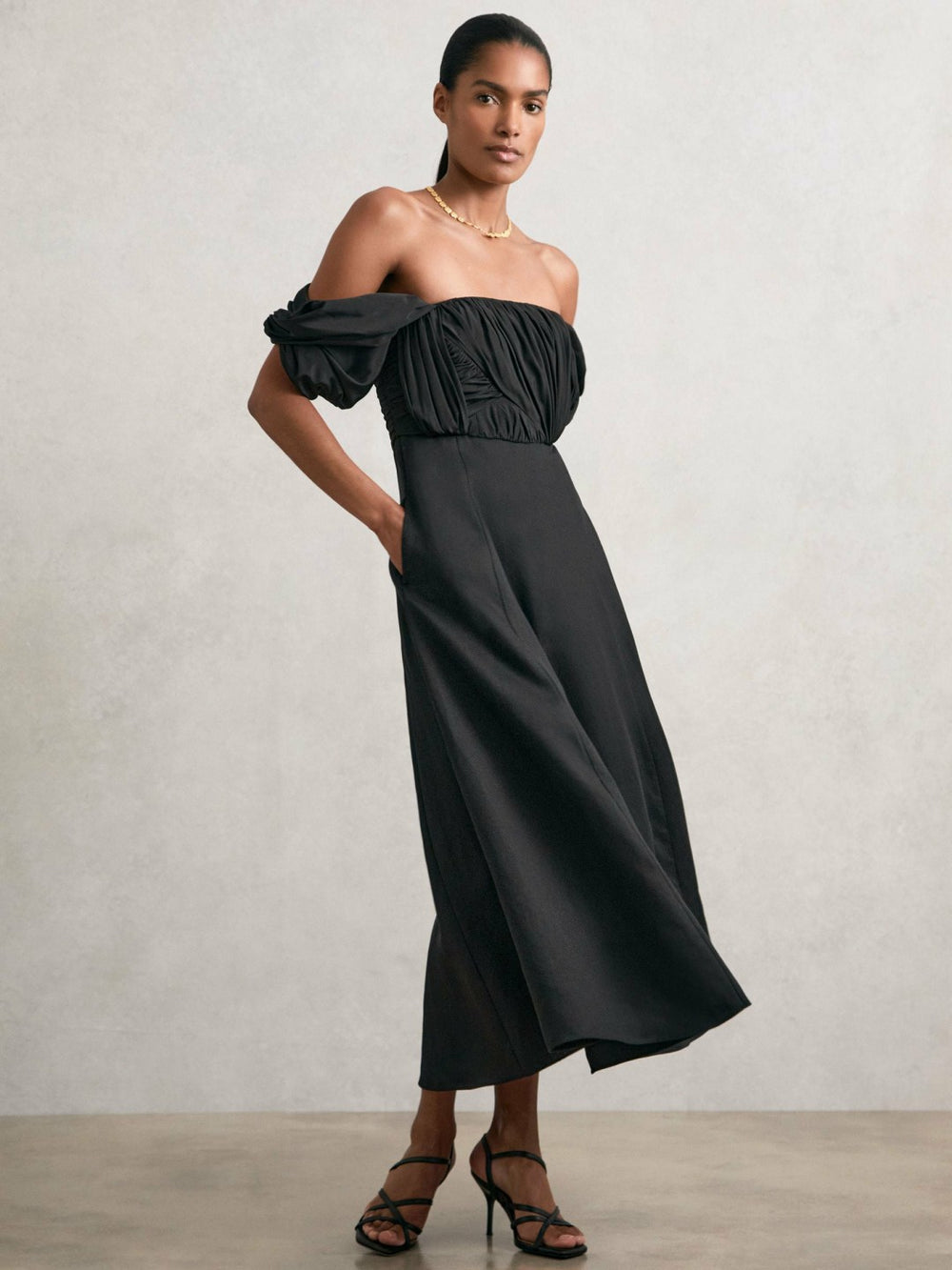 Reiss | Bardot Sculpted Bodice Midi Dress With Linen in Black