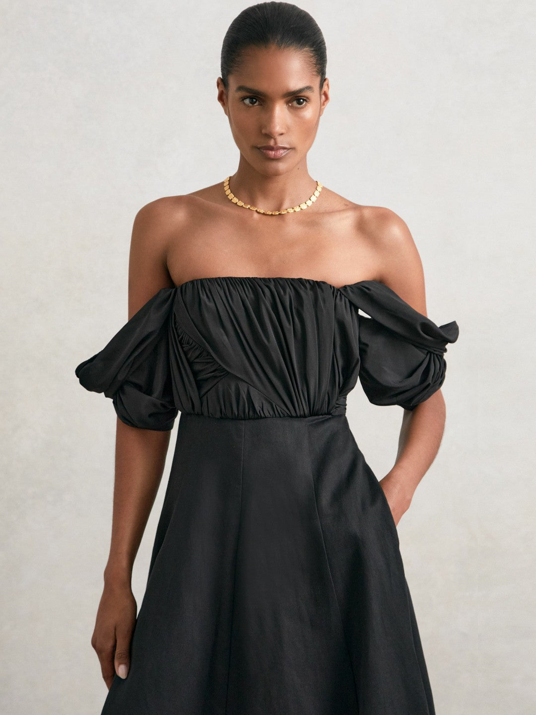 Reiss | Bardot Sculpted Bodice Midi Dress With Linen in Black