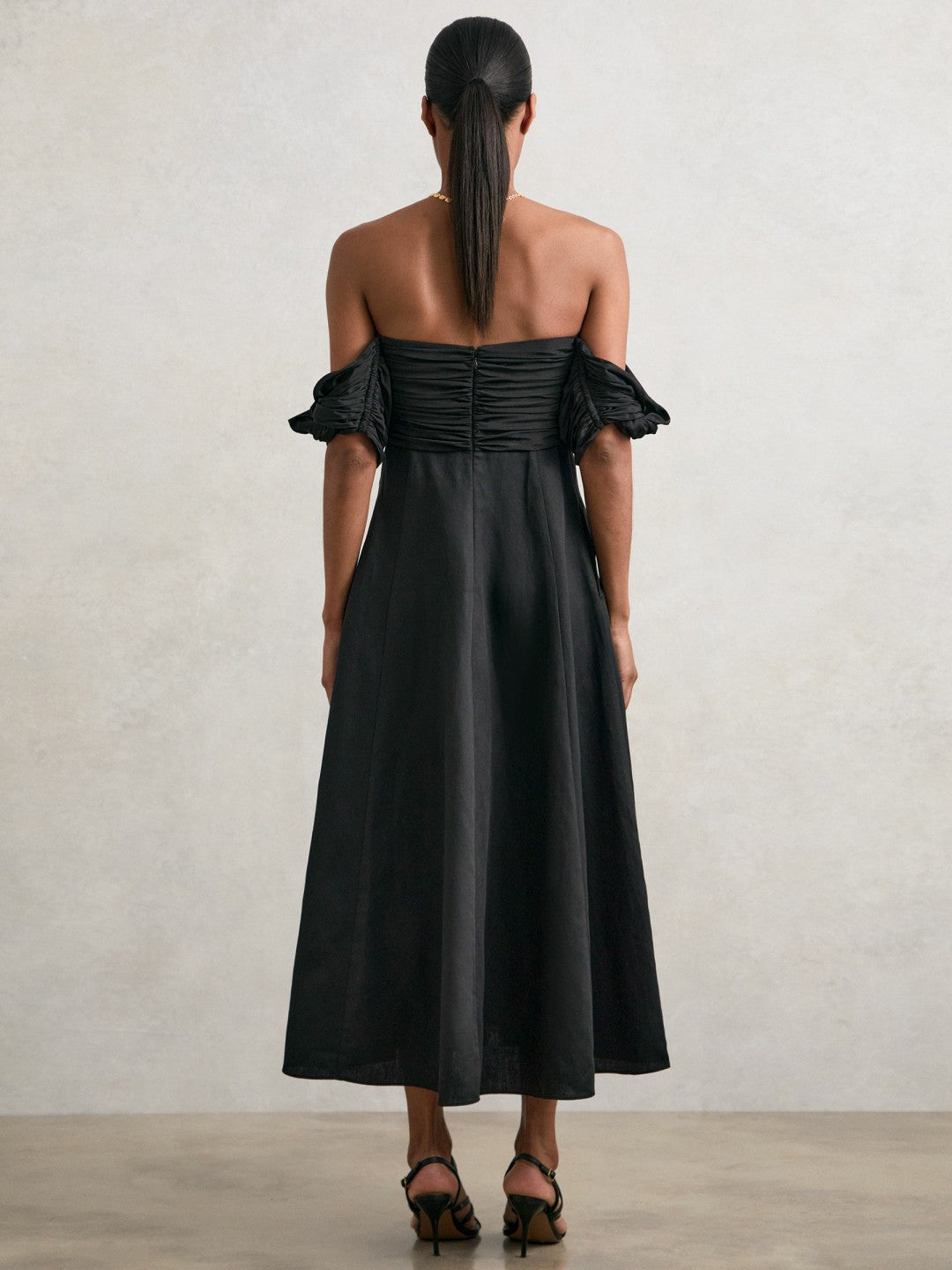 Reiss | Bardot Sculpted Bodice Midi Dress With Linen in Black