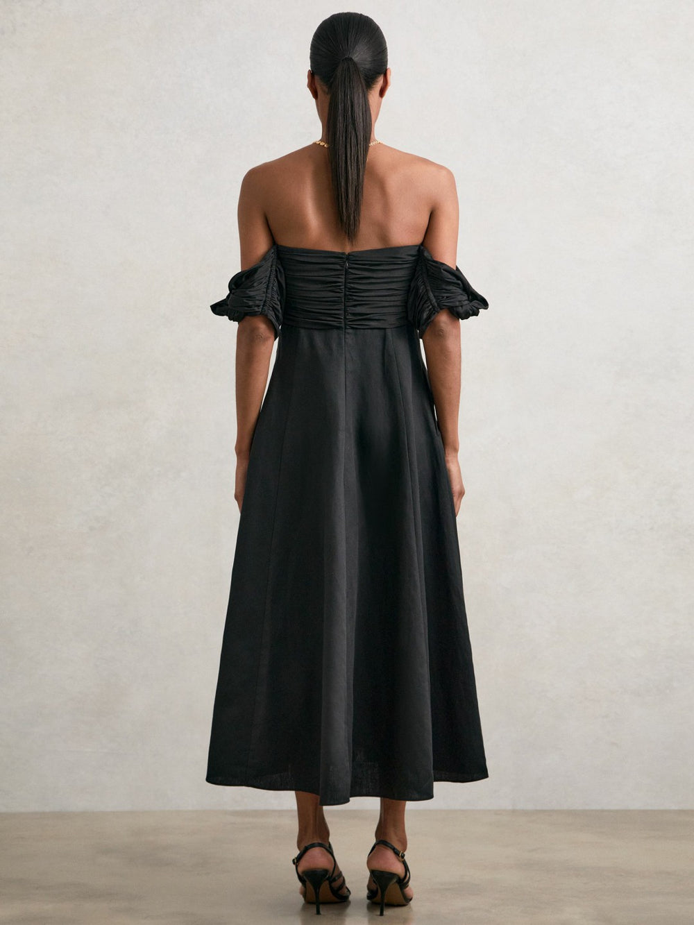 Reiss | Bardot Sculpted Bodice Midi Dress With Linen in Black