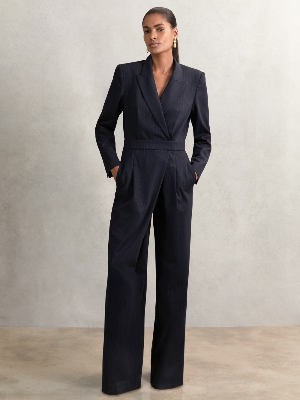 Reiss | Pinstripe Tailored Wide-Leg Jumpsuit with Wool in Navy