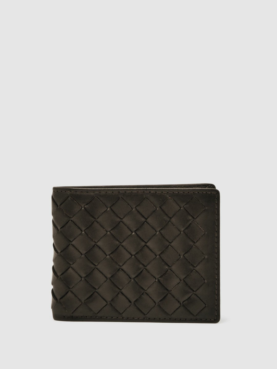 Reiss | Leather Large Lattice-Effect Wallet in Dark Brown