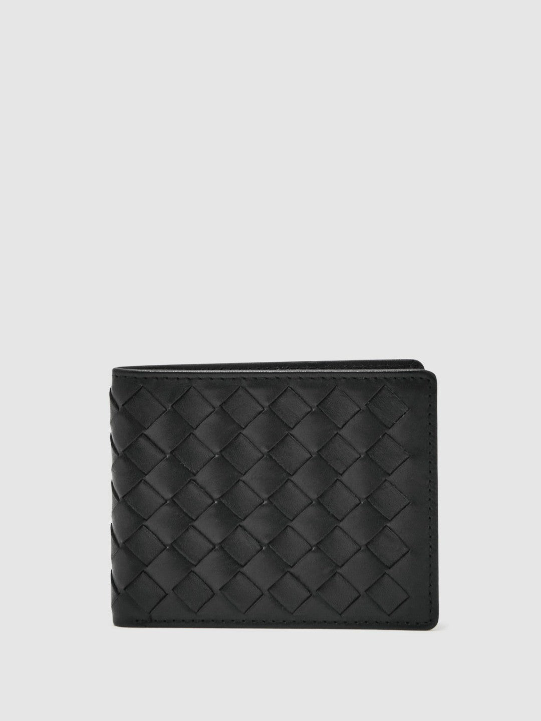 Reiss | Leather Large Lattice-Effect Wallet in Black