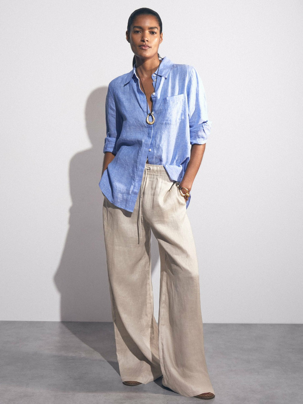 Reiss | Petite Linen-Blend Wide-Leg Trousers in Neutral