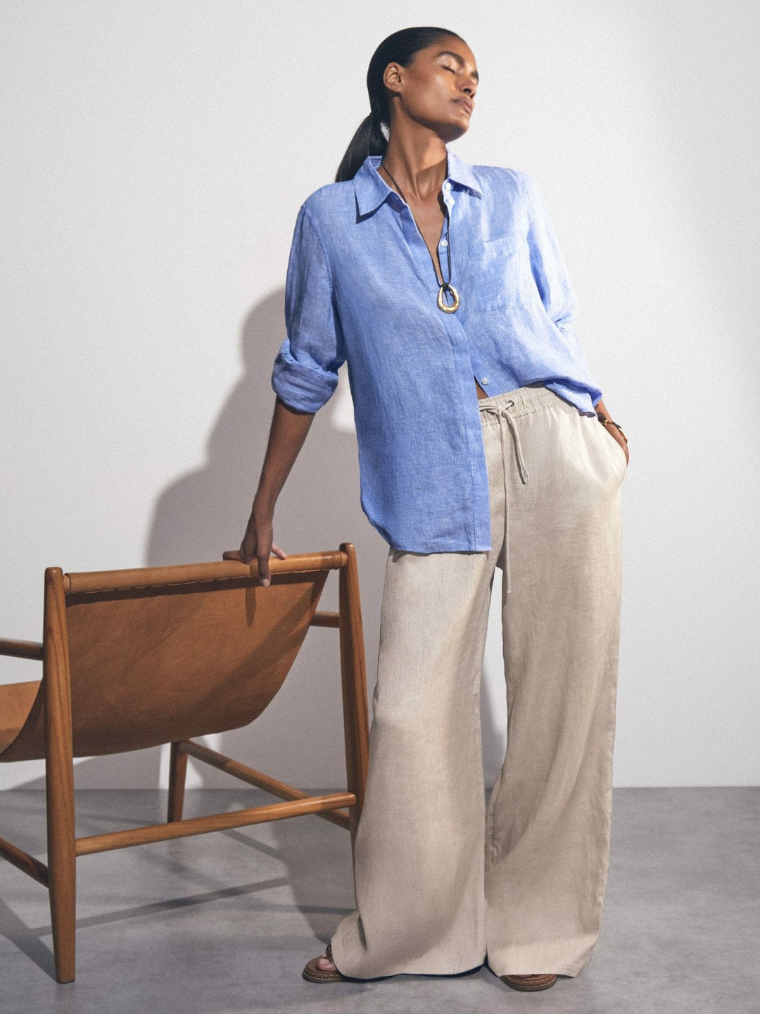 Reiss | Linen-Blend Wide-Leg Trousers in Neutral