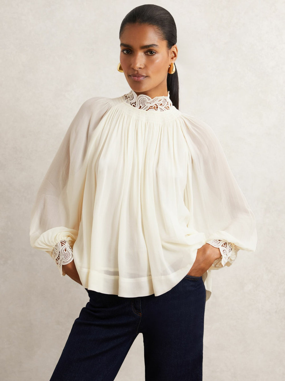 Reiss | Lace-Trim Draped Chiffon Top in Cream