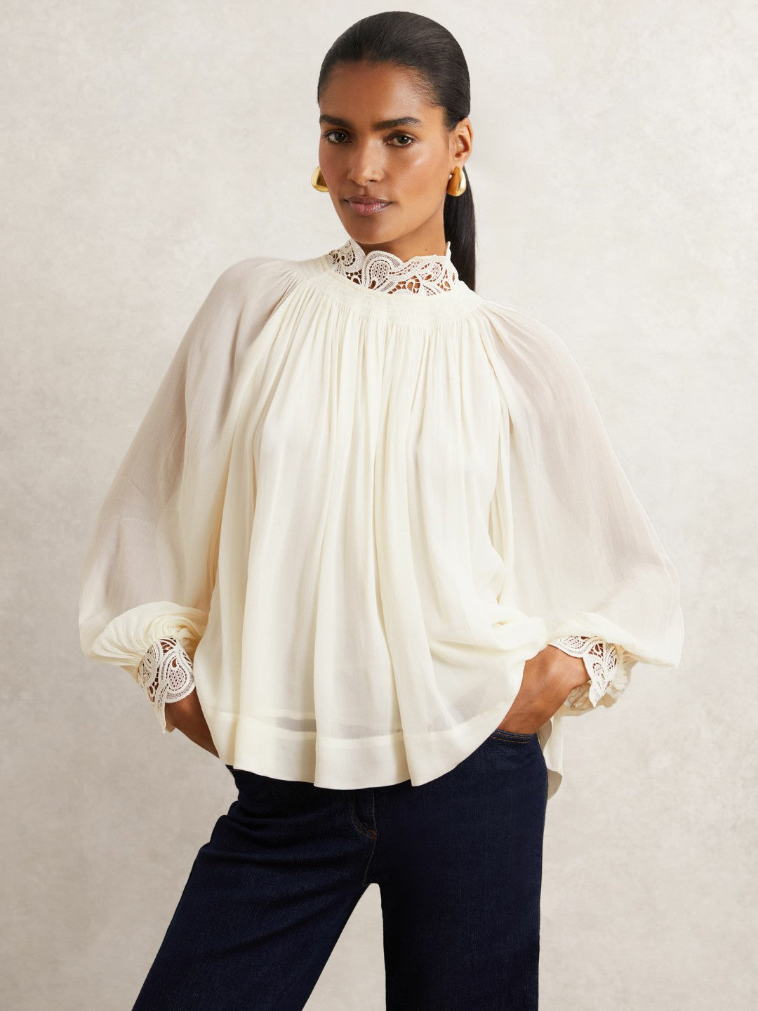 Reiss | Lace-Trim Draped Chiffon Top in Cream