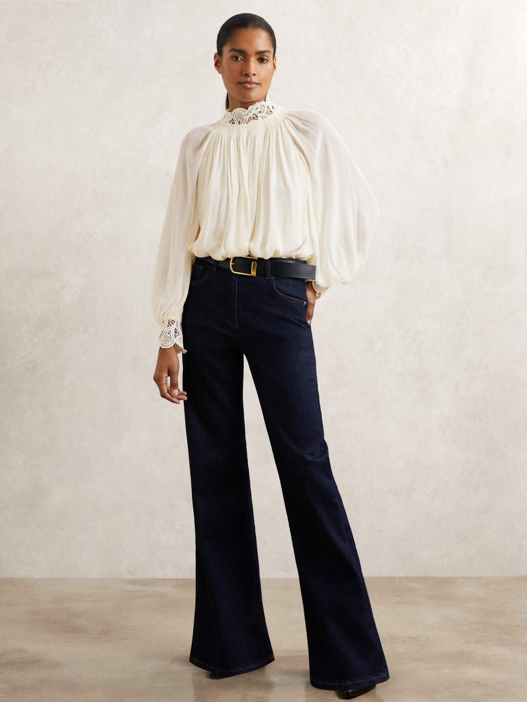 Reiss | Lace-Trim Draped Chiffon Top in Cream