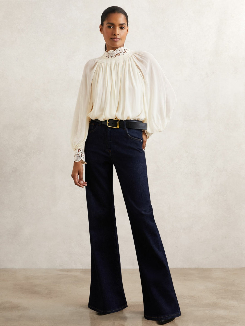 Reiss | Lace-Trim Draped Chiffon Top in Cream