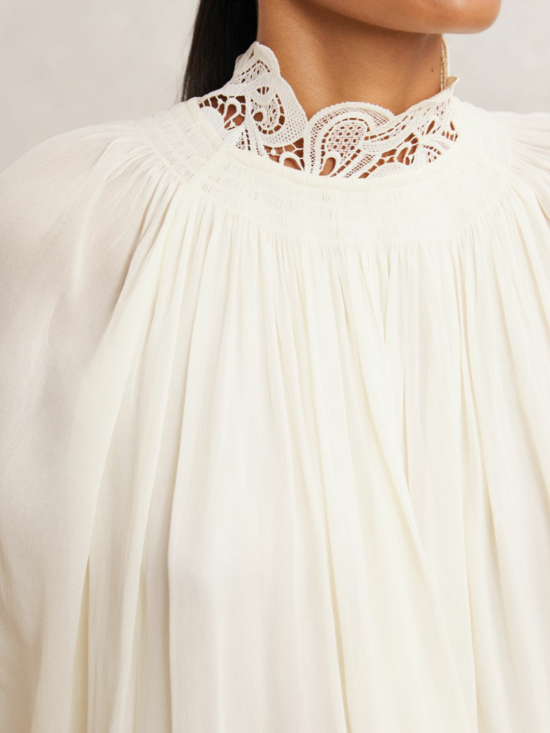 Reiss | Lace-Trim Draped Chiffon Top in Cream