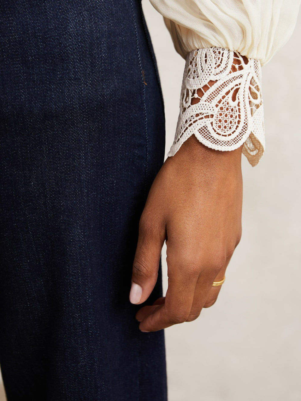 Reiss | Lace-Trim Draped Chiffon Top in Cream