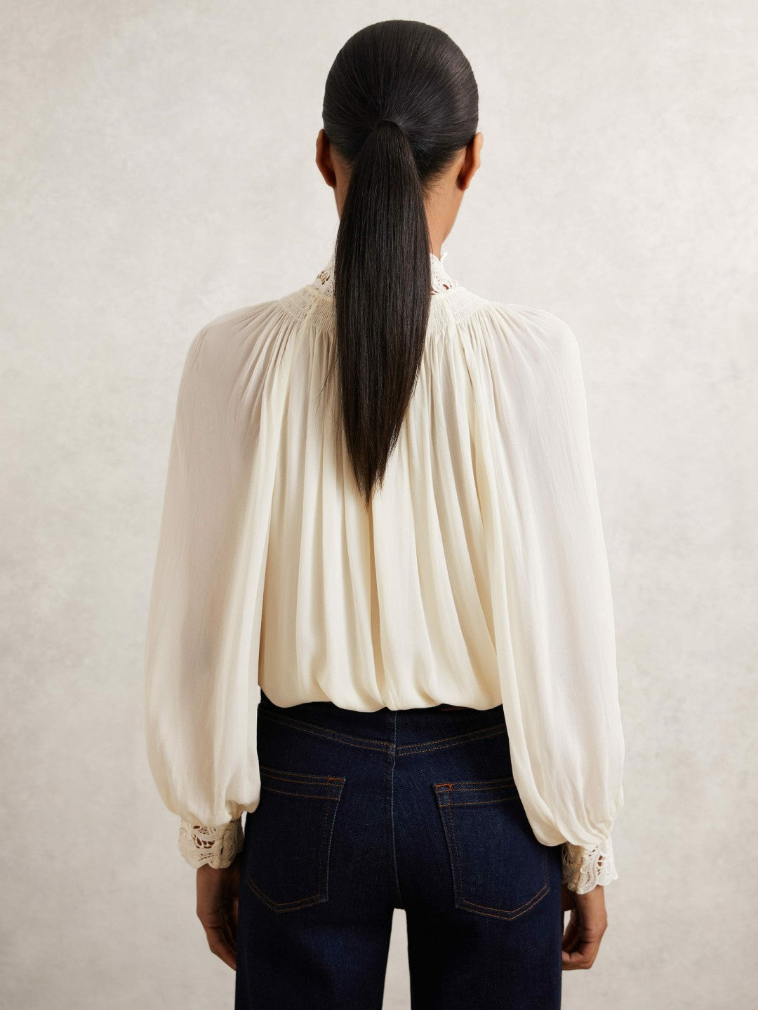 Reiss | Lace-Trim Draped Chiffon Top in Cream