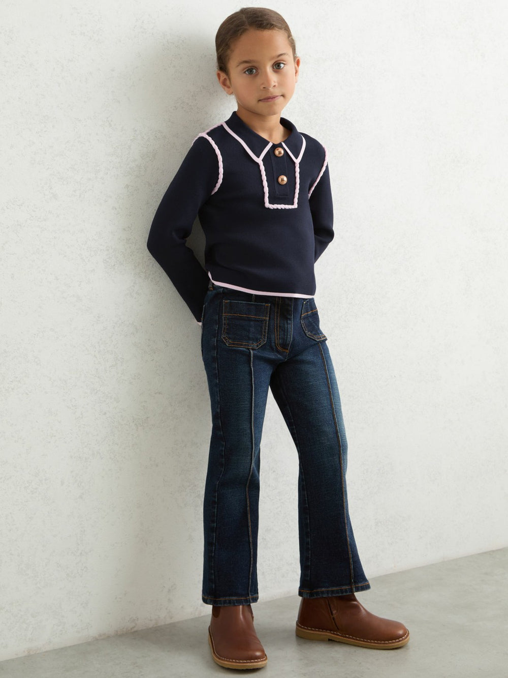 Reiss | 13-14 yrs Piped Knitted Collar Top in Navy