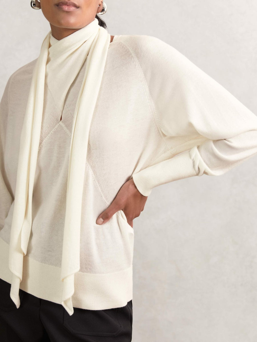 Reiss | Wool Scarf-Tie Draped Jumper in Cream