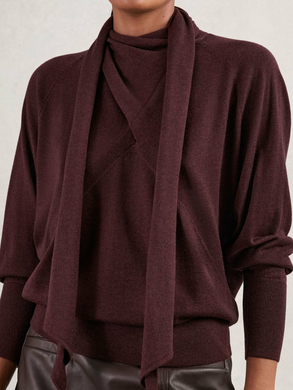 Reiss | Wool Scarf-Tie Draped Jumper in Burgundy