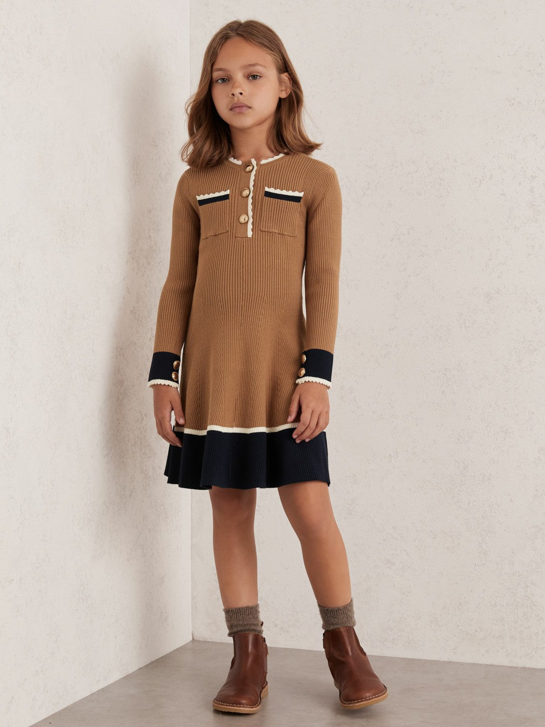 Reiss | 3-9 yrs Scallop-Trim Rib-Knit Dress in Camel