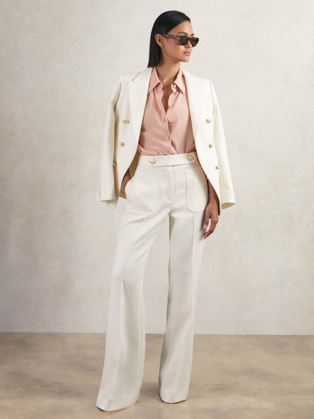 Reiss | Twill Button-Tab Flared Trousers With Wool in White