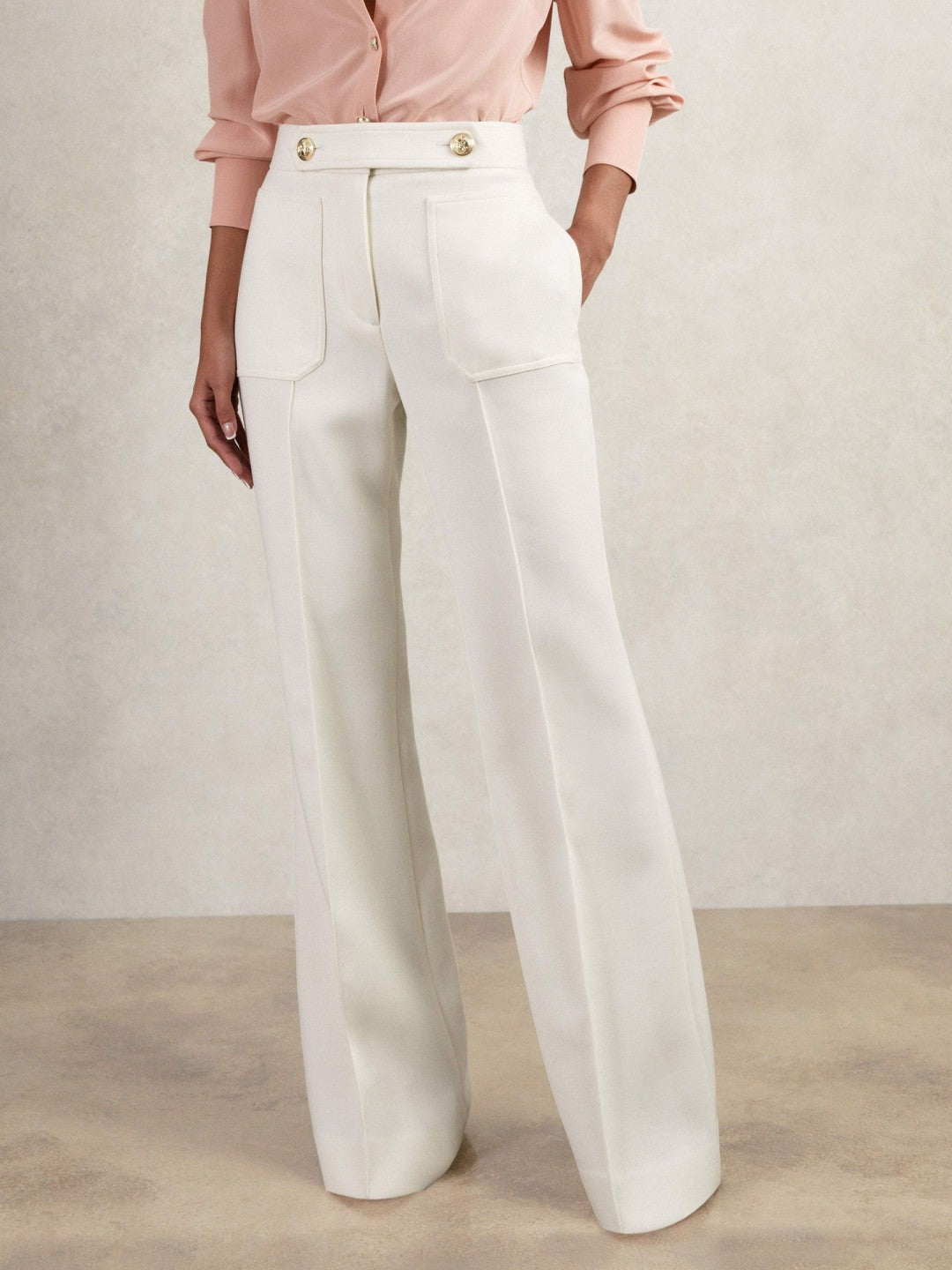 Reiss | Twill Button-Tab Flared Trousers With Wool in White