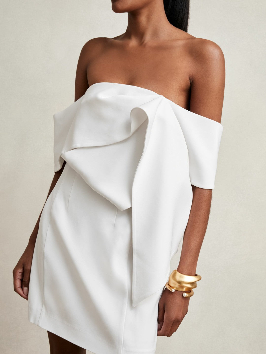 Reiss | Sculptural Off-Shoulder Mini Dress in Ivory