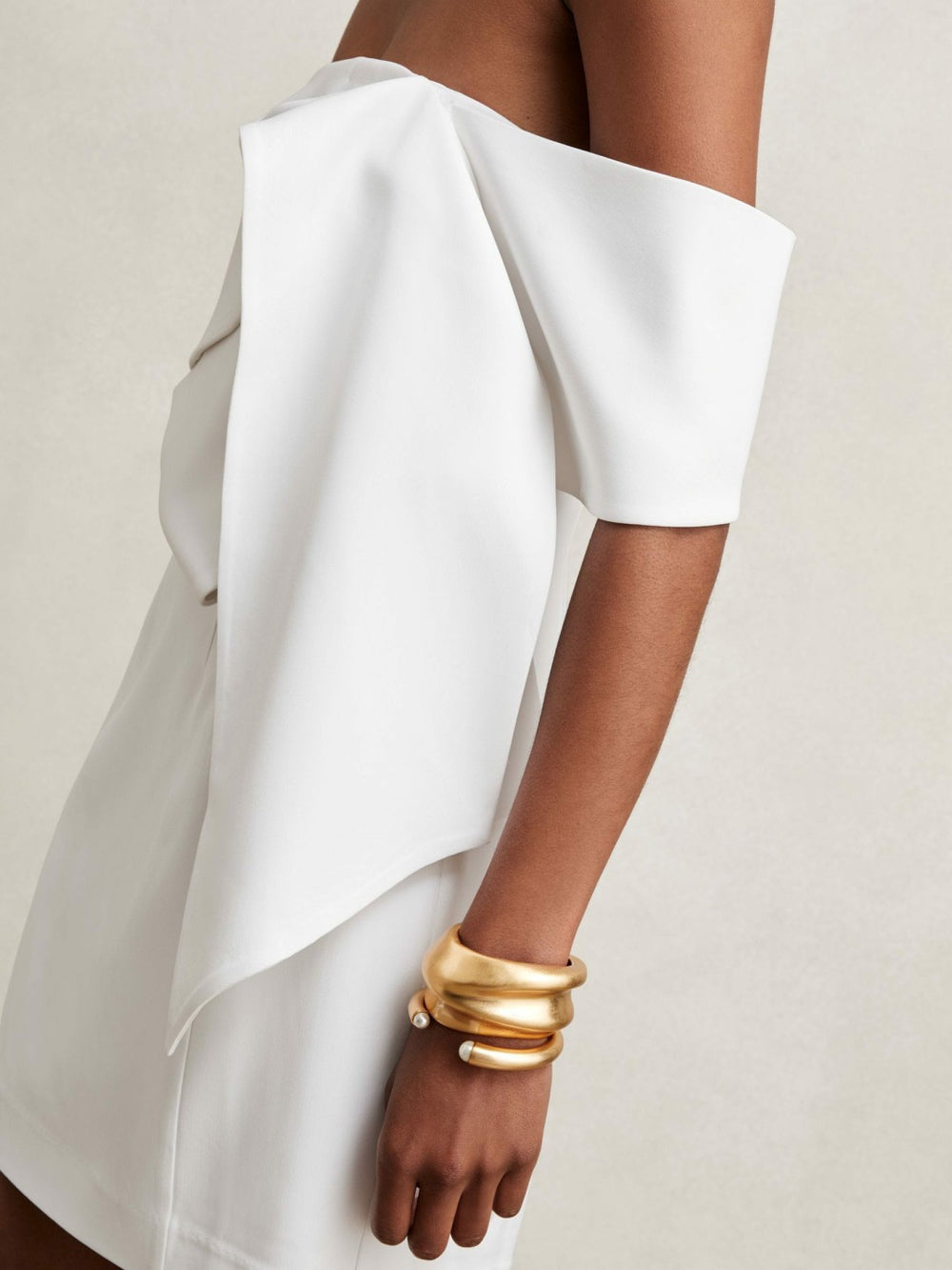 Reiss | Sculptural Off-Shoulder Mini Dress in Ivory