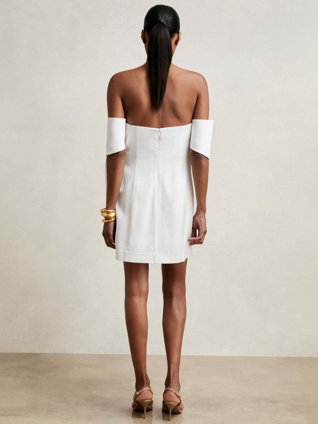 Reiss | Sculptural Off-Shoulder Mini Dress in Ivory