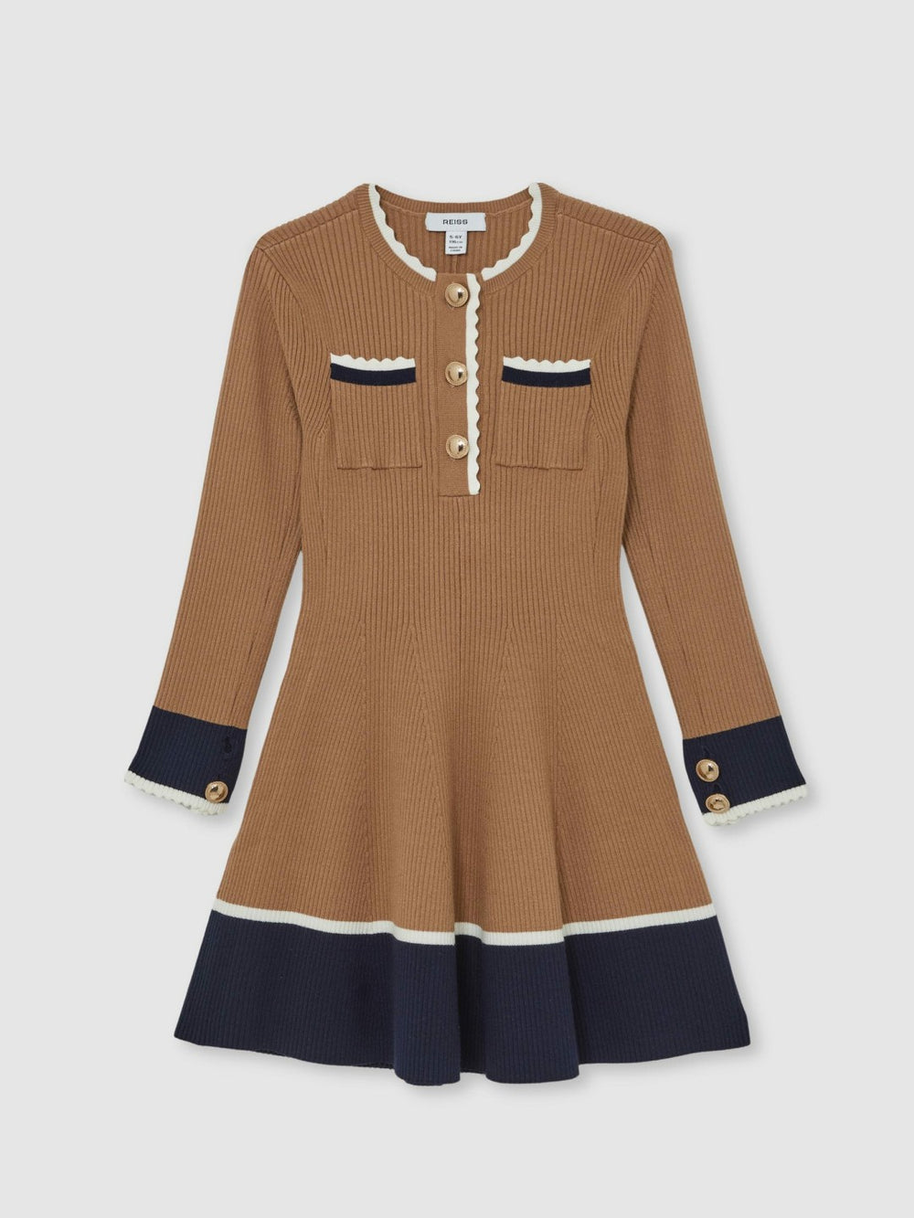 Reiss | 13-14 yrs Scallop-Trim Rib-Knit Dress in Camel