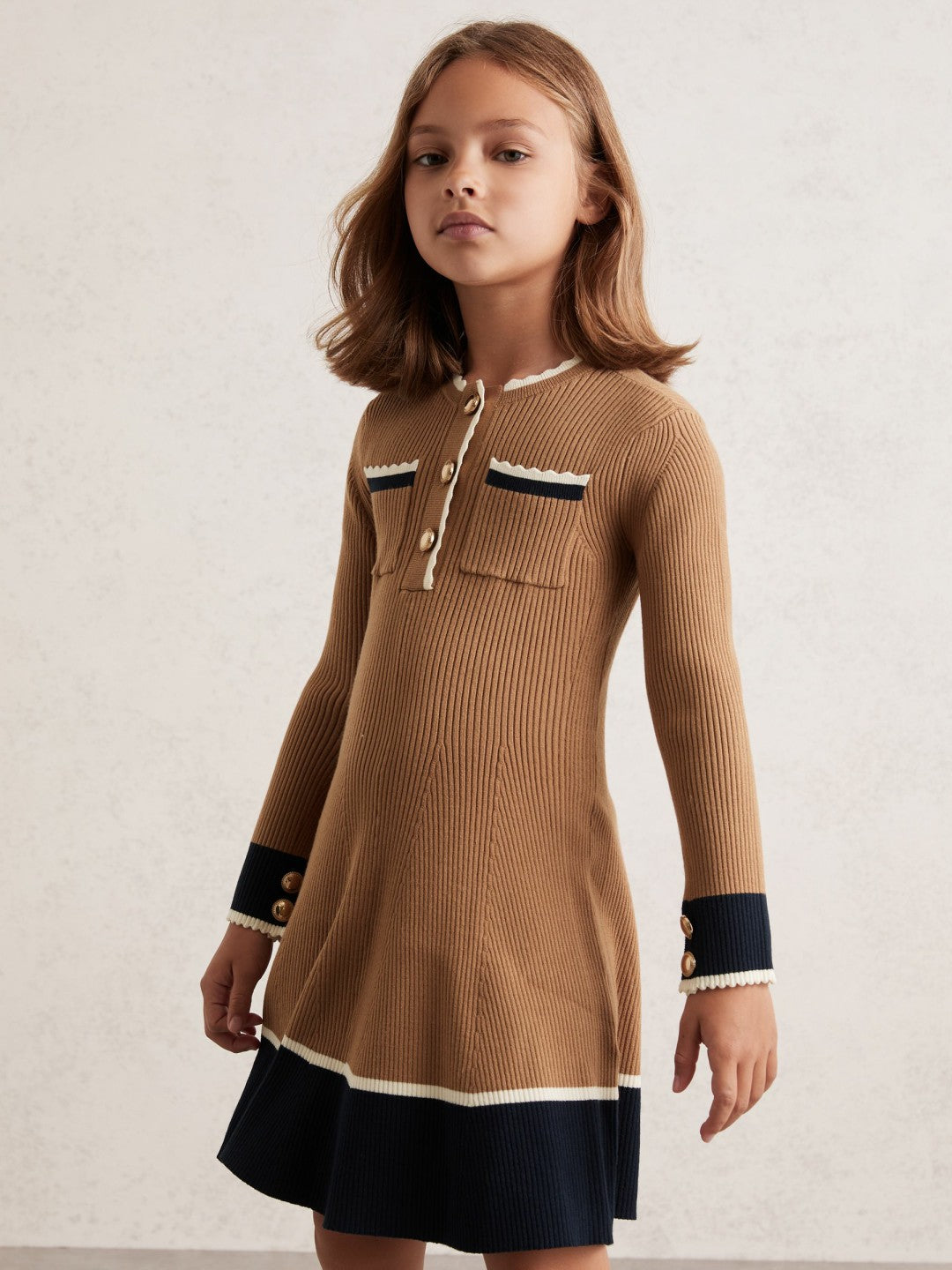 Reiss | 9-13 yrs Scallop-Trim Rib-Knit Dress in Camel