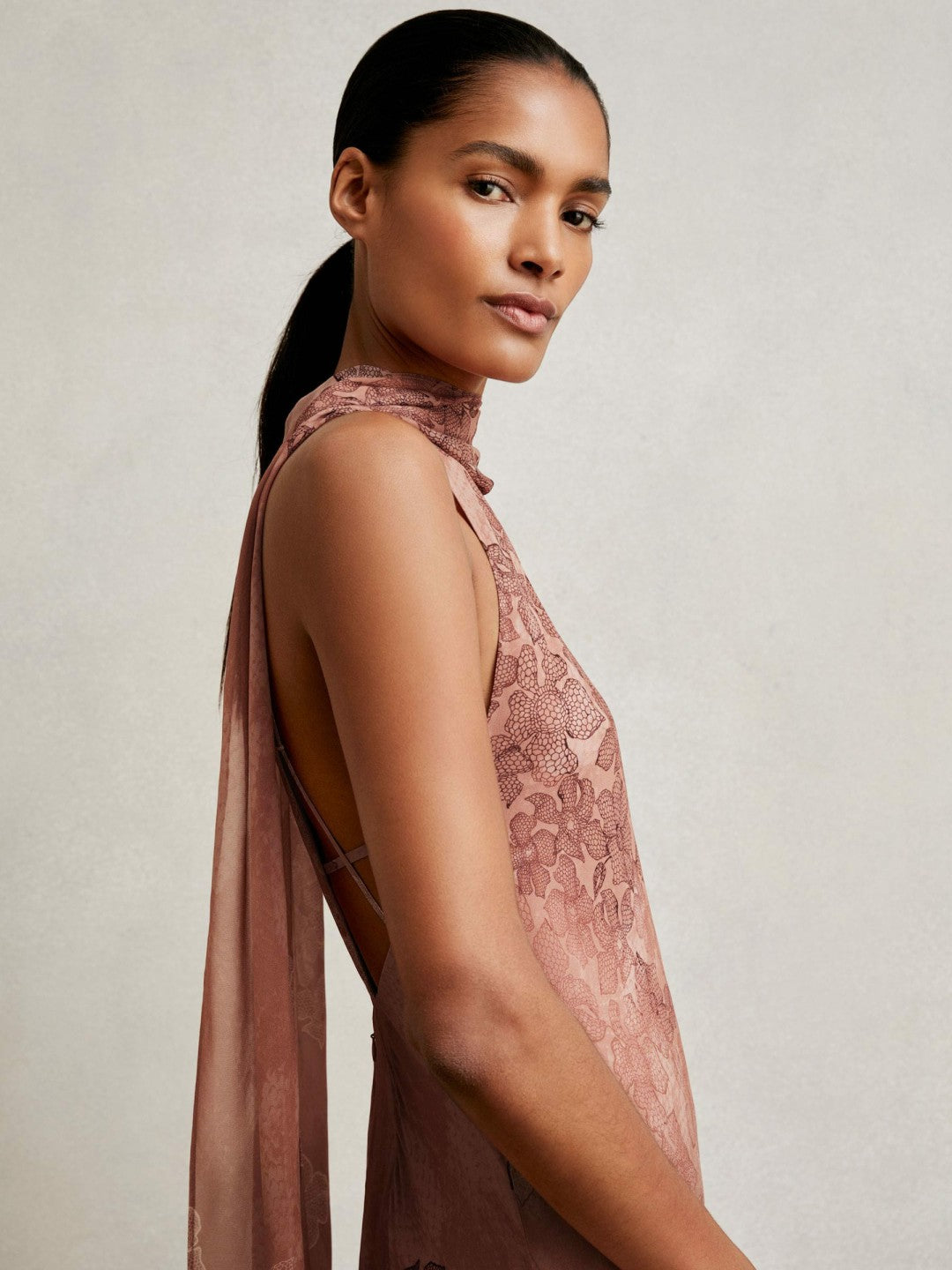 Reiss | Chiffon Floral Cape Maxi Dress in Pale Pink
